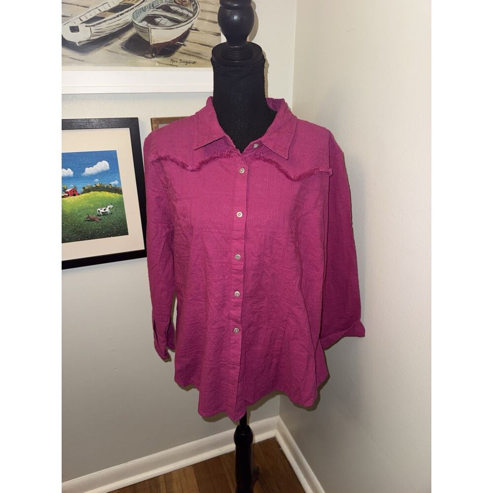 Reba McEntire Western Shirt XL Pink Textured Frayed Western Yoke Button Down